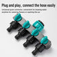 Quick-connect water splitter ends with teal on-off caps and black hose connectors
