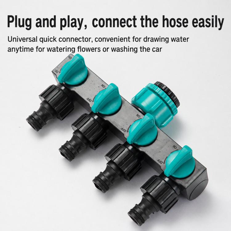Quick-connect water splitter ends with teal on-off caps and black hose connectors