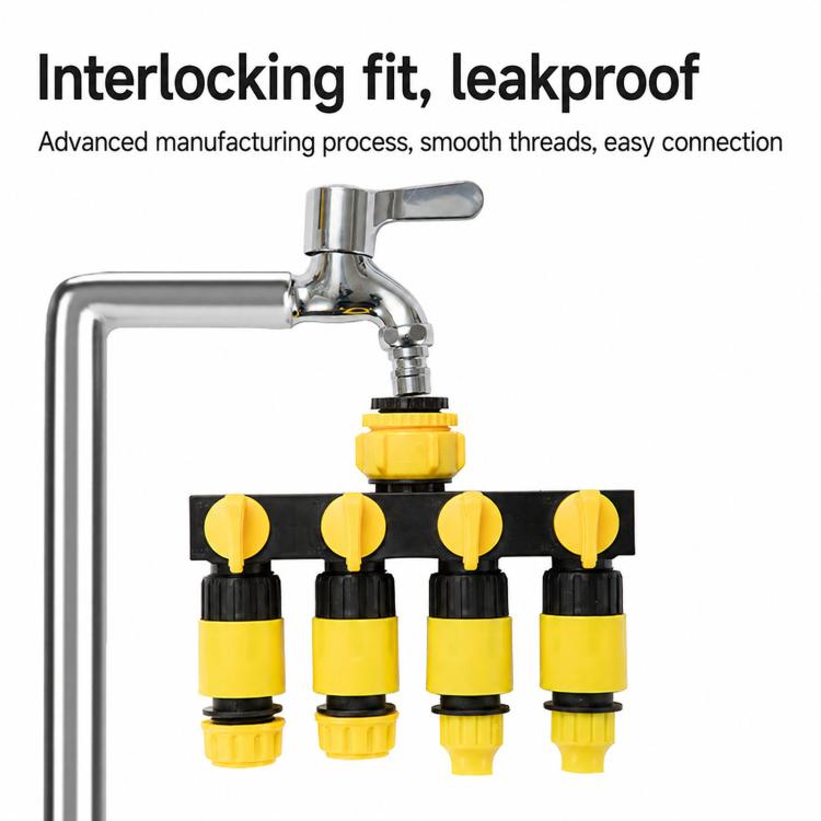 4-way water tap splitter attached to a faucet, yellow on-off valves on black manifold