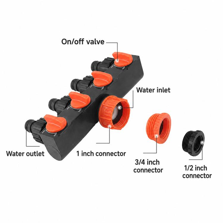 4-way water tap splitter diagram with orange on-off valves and multiple hose connector ends