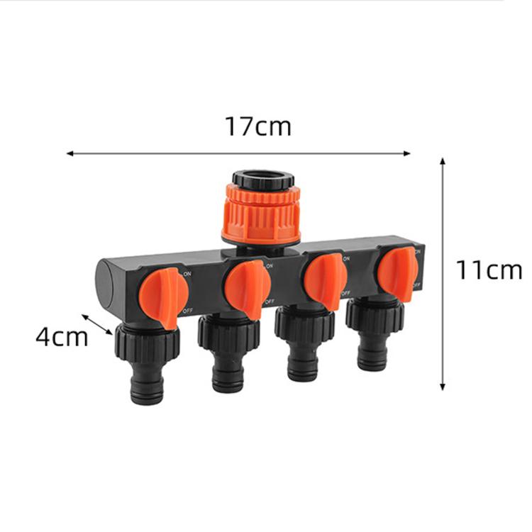 4-way water tap splitter with orange on-off valves on a black manifold and four outlet ports