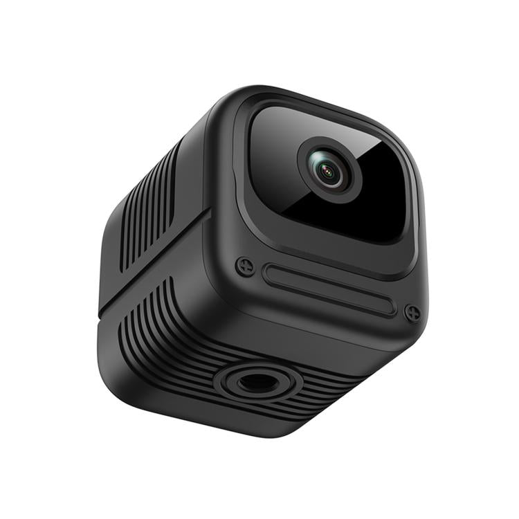 Black WiFi security camera with lens and side vented housing