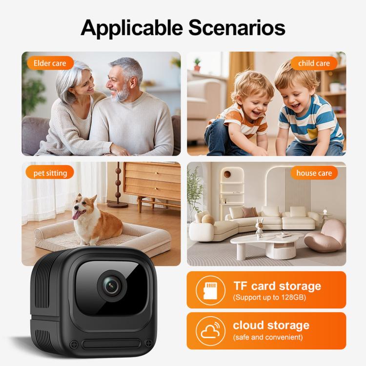 Black WiFi security camera with TF card and cloud storage icons