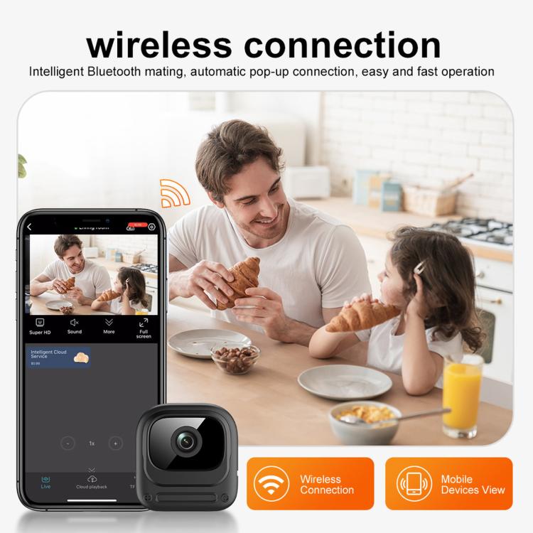 WiFi security camera with smartphone app showing wireless connection icons