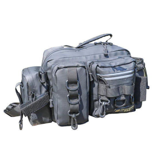Gray waterproof fishing tackle bag with multiple zip compartments and rod holder