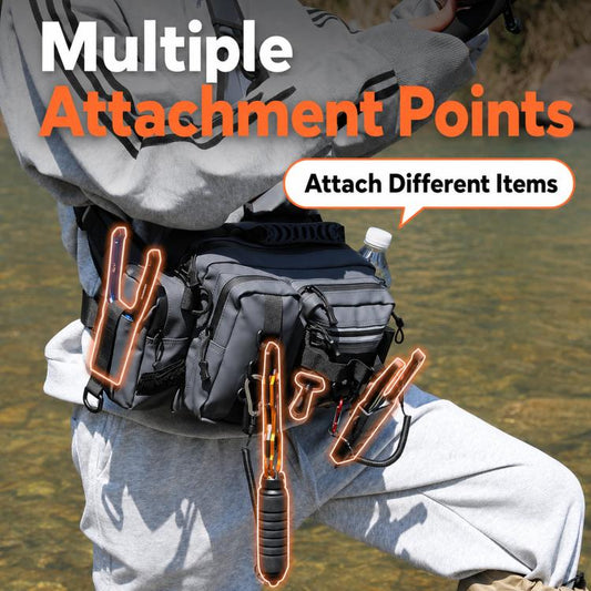 Gray fishing tackle bag with multiple attachment points for added gear