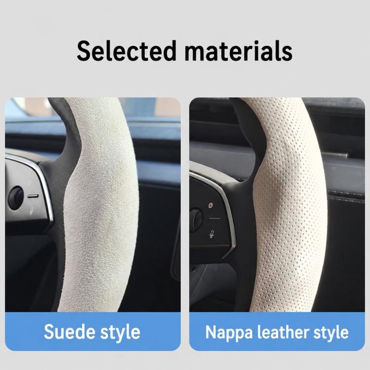 White steering wheel cover showing suede texture and perforated Nappa-style grip