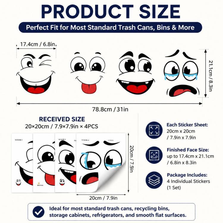 4pcs / Set 7.9 Inch Funny Face Stickers Waterproof Self-Adhesive Decals for Trash Cans / Refrigerator