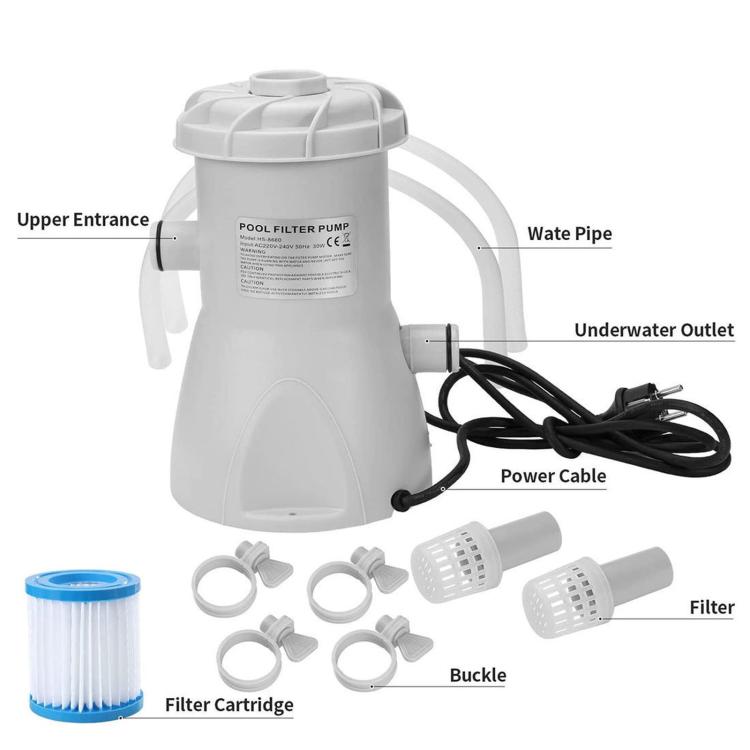 White pool filter pump kit with power cable, filter cartridge, and hose buckle fittings