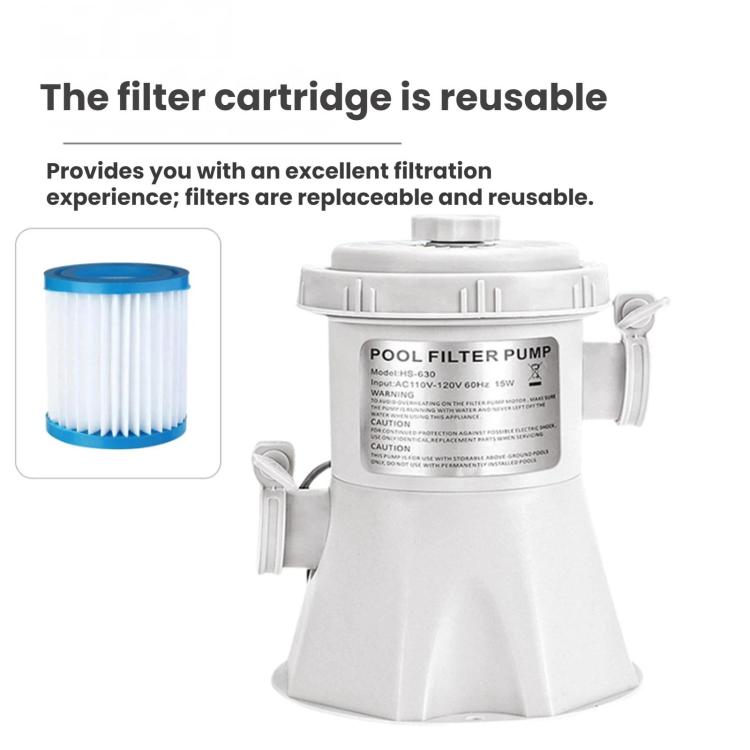 White pool filter pump with reusable filter cartridge and included accessory fittings