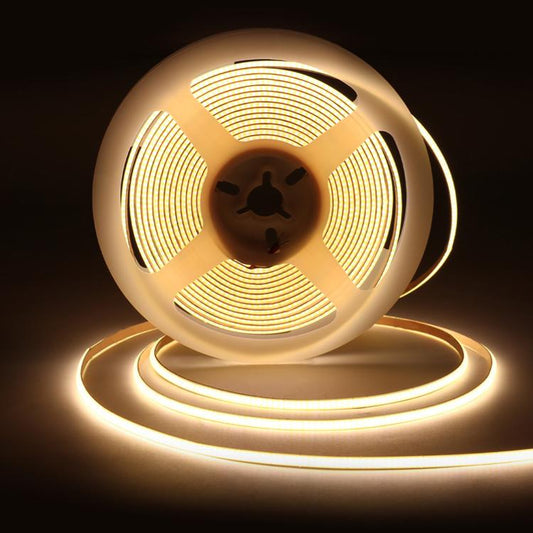 Warm white COB LED light strip, glowing circular coil on a base stand