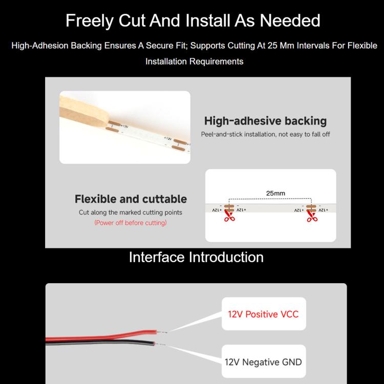 Cuttable LED strip with adhesive backing and 12V positive/negative wiring diagram