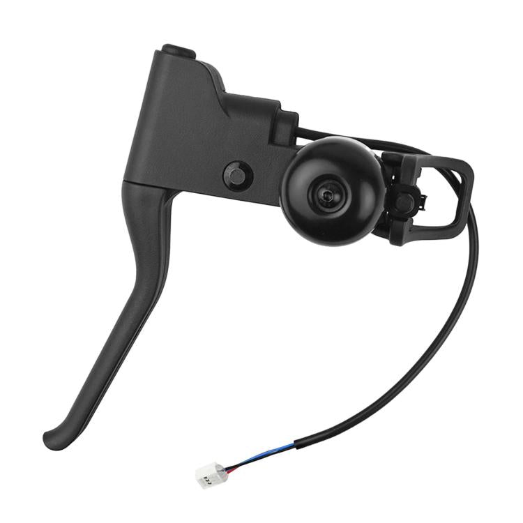 Black scooter brake lever assembly with bell and wiring harness, close-up