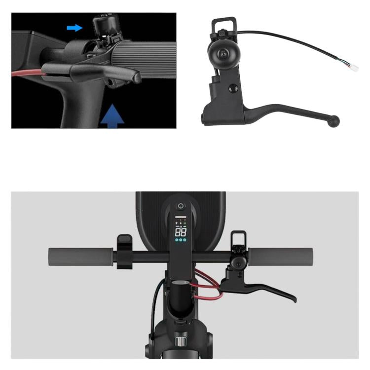 Black scooter brake lever with bell, includes cable and connector for installation