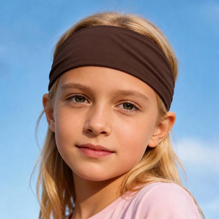 Kids sweat-wicking headband, dark brown solid fabric, snug and wide