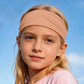 Kids sweat-wicking headband, tan solid fabric, snug and wide