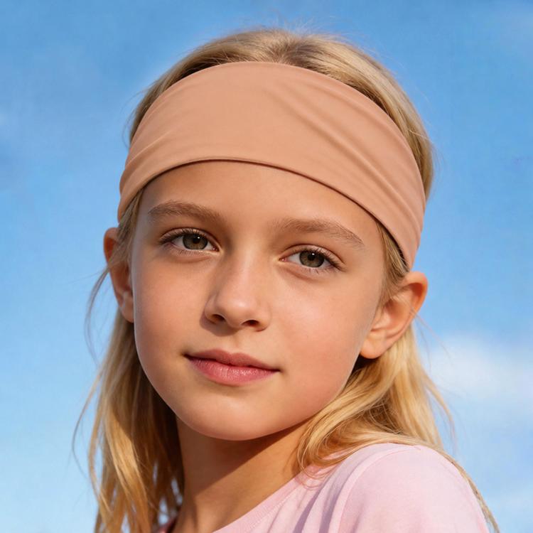 Kids sweat-wicking headband, tan solid fabric, snug and wide