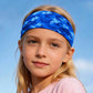 Kids sweat-wicking headband, blue pixel camo print, snug and wide
