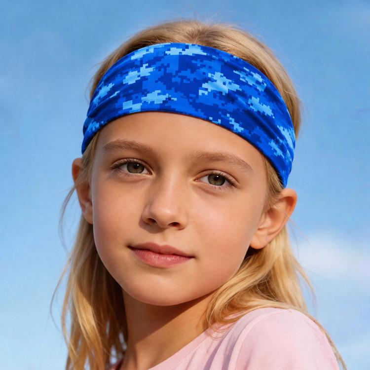 Kids sweat-wicking headband, blue pixel camo print, snug and wide