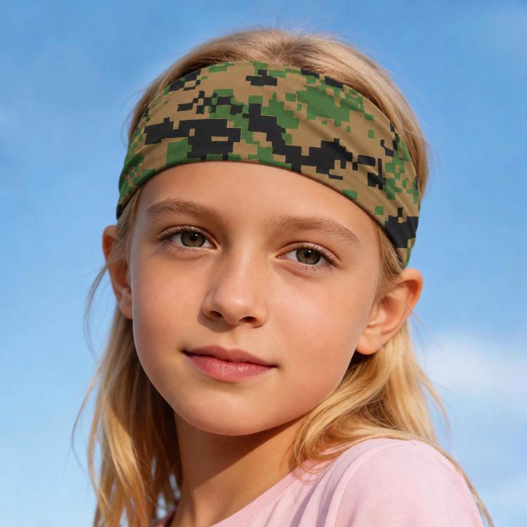 Kids sweat-wicking headband, green and brown pixel camo print, snug and wide