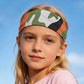 Kids sweat-wicking headband, orange camouflage print with green and white, wide