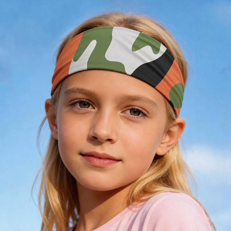 Kids sweat-wicking headband, orange camouflage print with green and white, wide