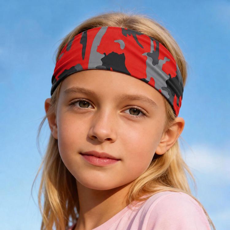 Kids sweat-wicking headband, red camouflage print, snug and wide