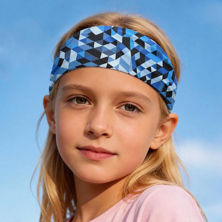 Kids sweat-wicking headband, blue geometric triangles print, wide and snug