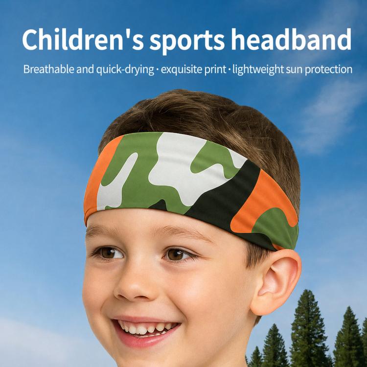Kids sweat-wicking headband, orange camouflage print, wide band for sports