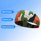 Kids sweat-wicking headband, orange and green camouflage print, close-up view
