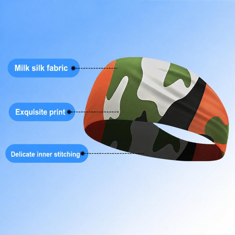 Kids sweat-wicking headband, orange and green camouflage print, close-up view