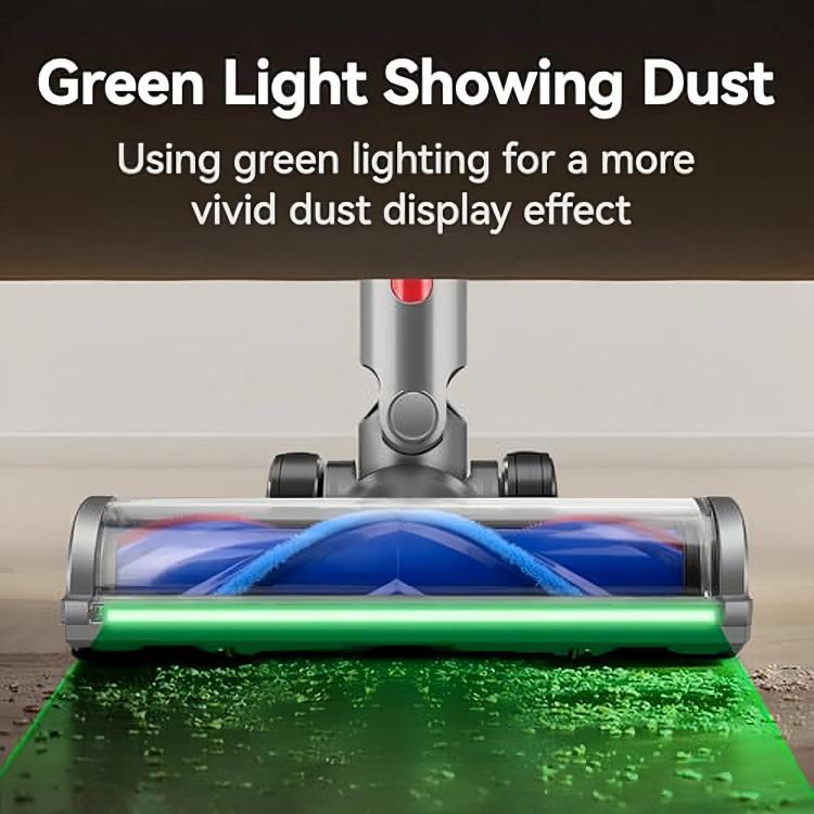 Vacuum brush head with translucent blue roller and green light dust indicator
