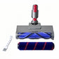 Vacuum floor brush head with blue striped soft roller and V-shaped brush attachments