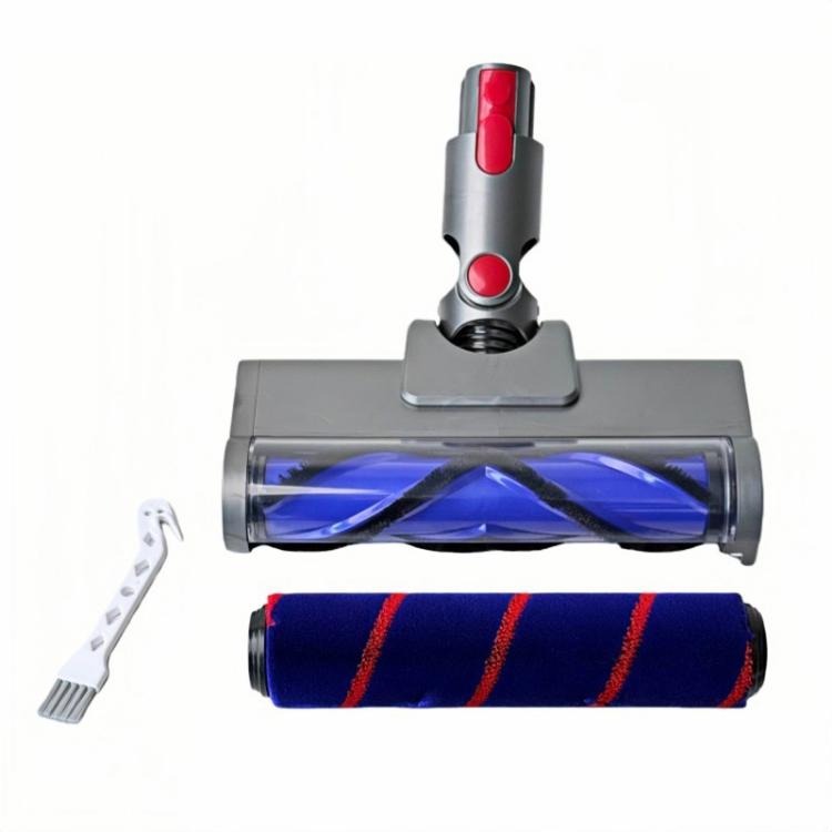 Vacuum floor brush head with blue striped soft roller and V-shaped brush attachments