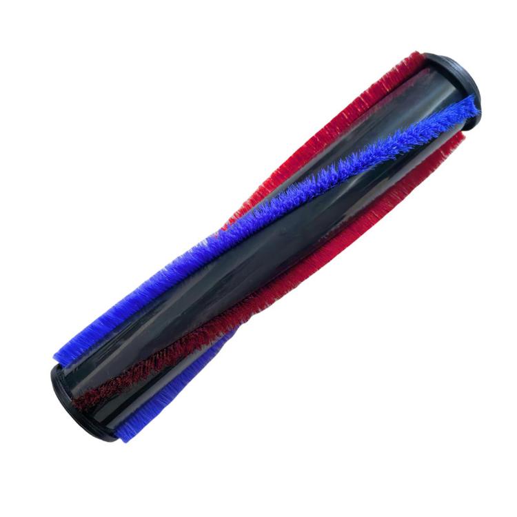 Soft brush roller attachment with red and blue bristles on black base