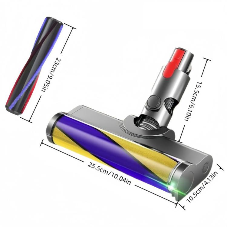 LED vacuum cleaner head with roller shown with size arrows