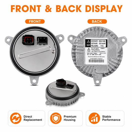 Xenon lamp ballast control module front and rear views with electrical connectors