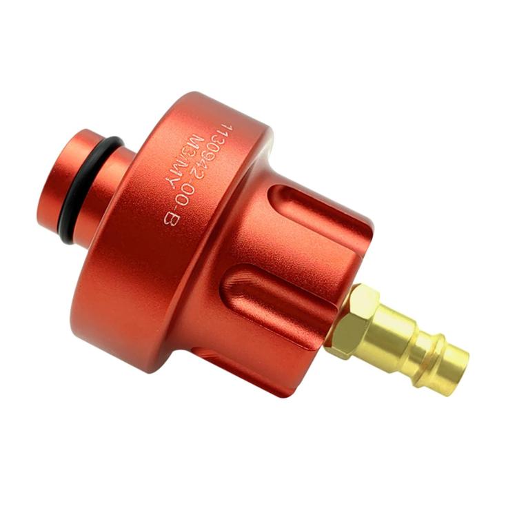 Red anodized coolant connector adapter with brass male port and black seal