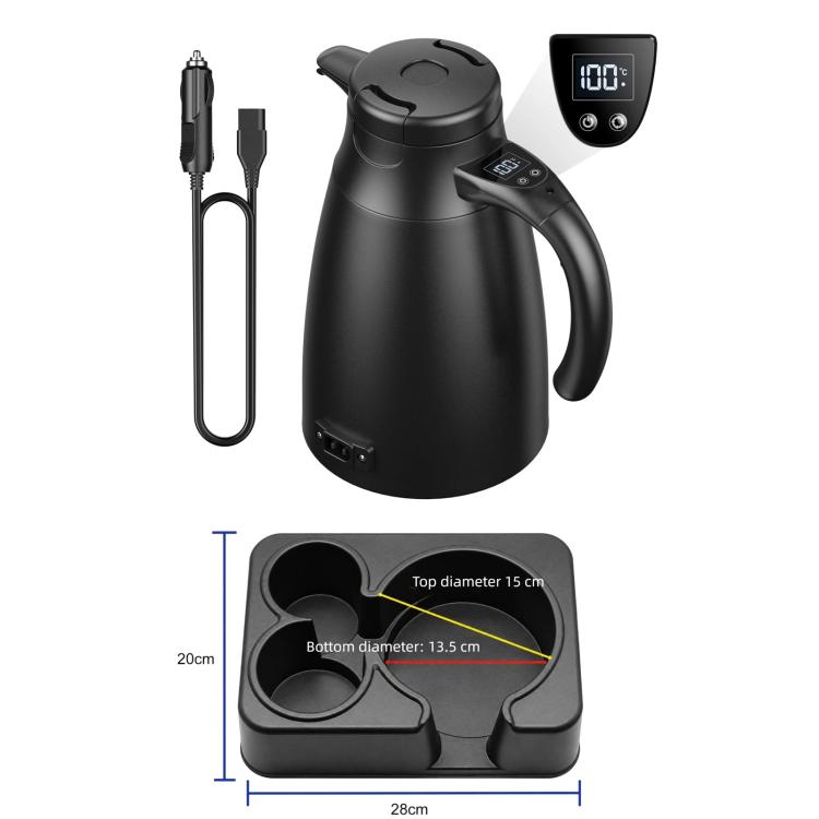 12V/24V digital display car kettle with temperature screen and power cable, black body