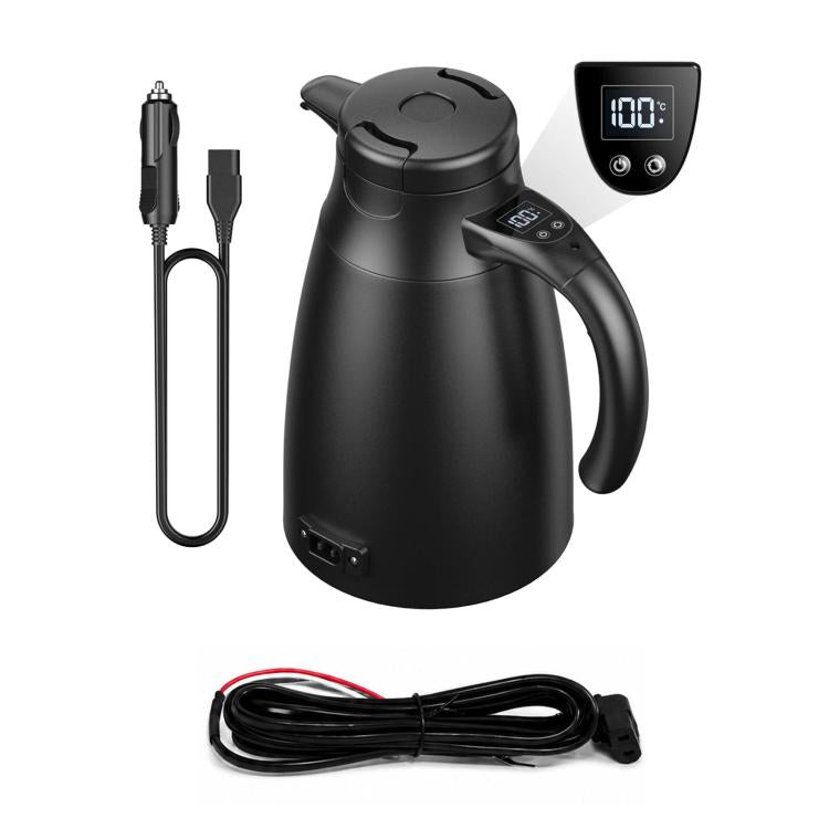 12V/24V digital display car kettle with handle and included power cord, black