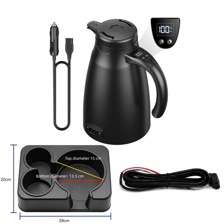 12V/24V digital display car kettle with base plate and 4m power cable, black