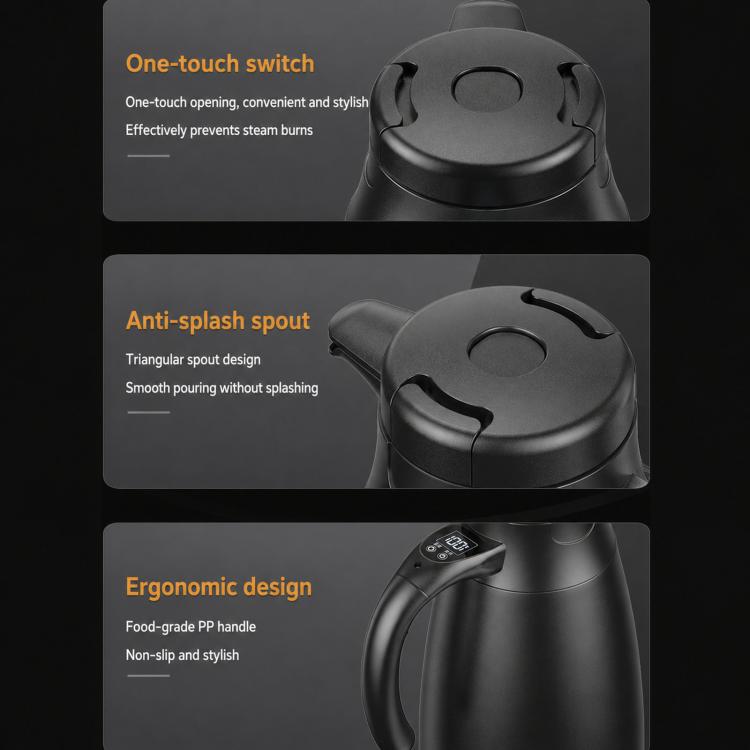 Car kettle with one-touch lid, anti-splash spout, and ergonomic handle, black