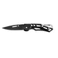 Open black folding knife with pointed blade and keychain ring