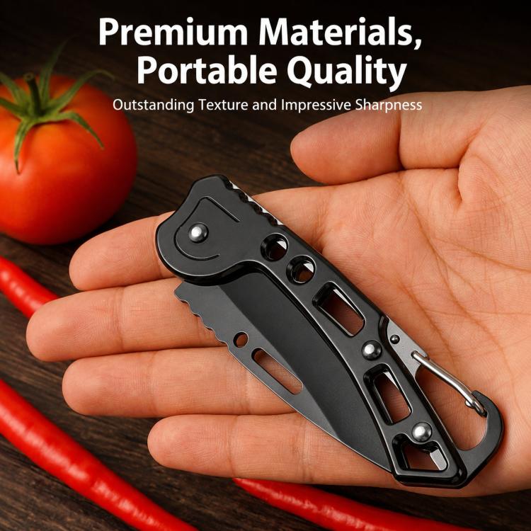 Black folding knife held in hand, compact blade and carabiner loop