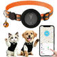 Orange reflective GPS pet tracker collar with breakaway buckle and bell on pets