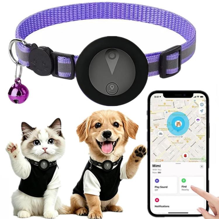 Purple reflective GPS pet tracker collar with breakaway buckle and bell on pets