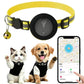 Yellow reflective GPS pet tracker collar with breakaway buckle and bell on pets