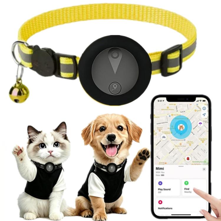 Yellow reflective GPS pet tracker collar with breakaway buckle and bell on pets