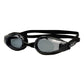 Black swimming goggles with dark anti-fog lenses and double-head strap