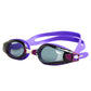 Purple swimming goggles with dark anti-fog lenses and curved head strap